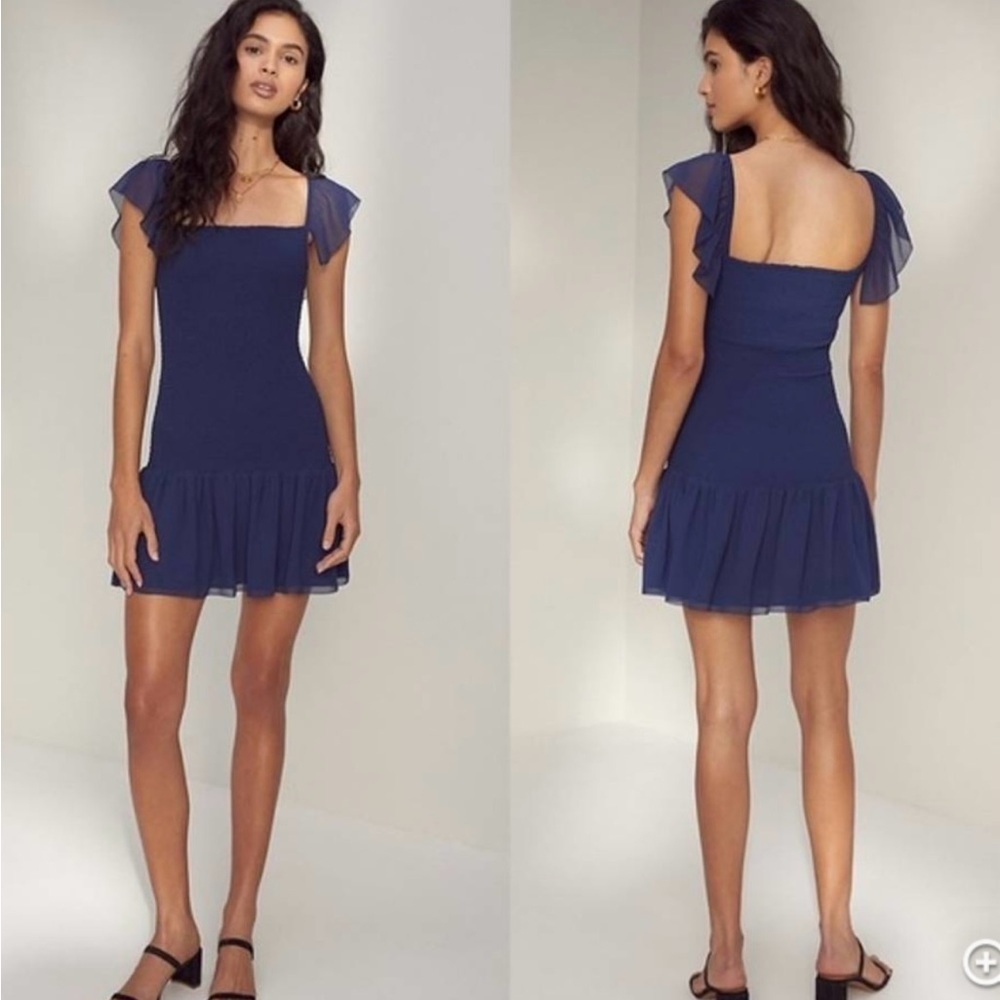 Aritzia Wilfred Eldorado Smocked Navy Blue Mini Dress Off Shoulder Ruffle Size M